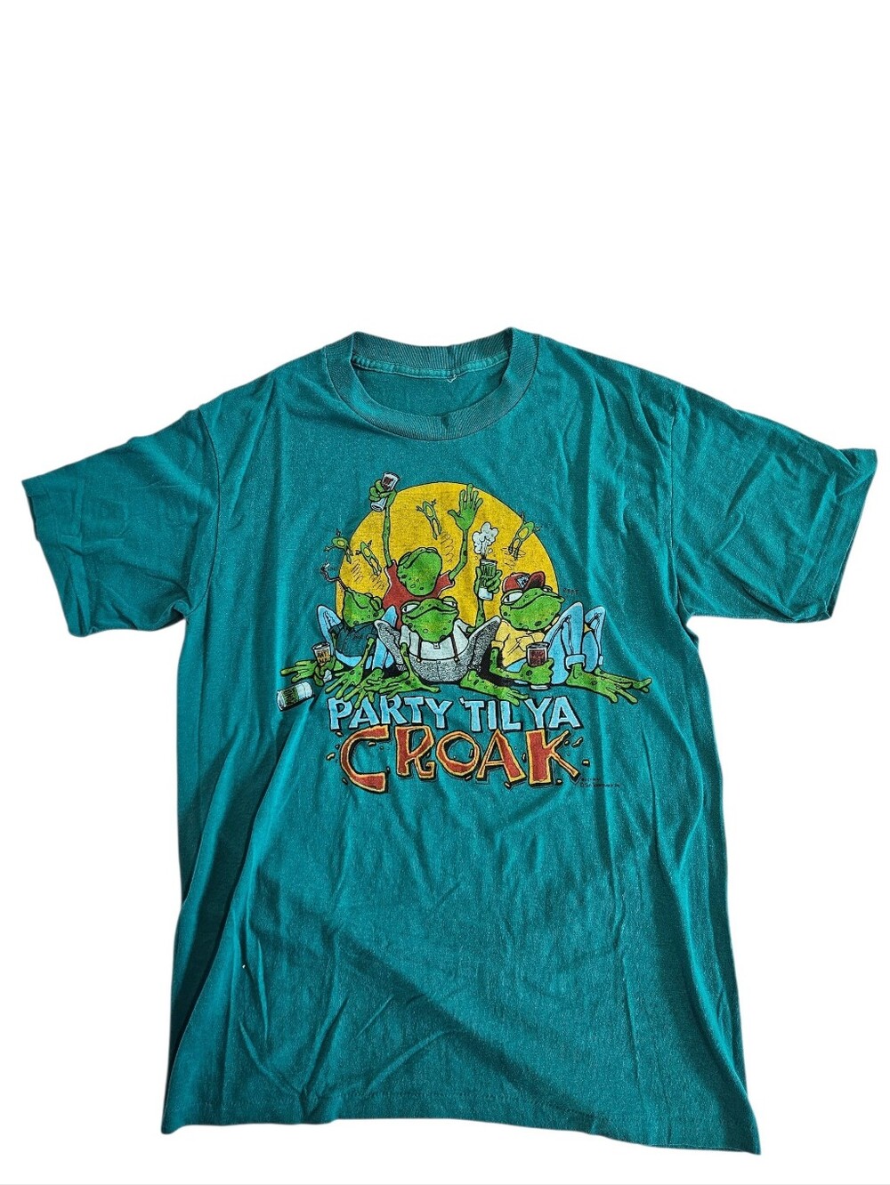 Vintage Party Til Ya Croak Frog Graphic Teal T-Shirt 90s 80s Medium